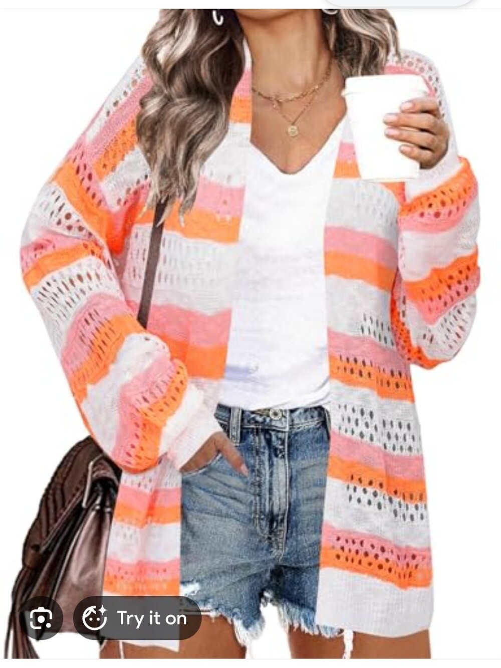 IN'VOLAND Crochet Cardigan Lightweight Long Sleeve Open Front Oversized‎ Slouchy